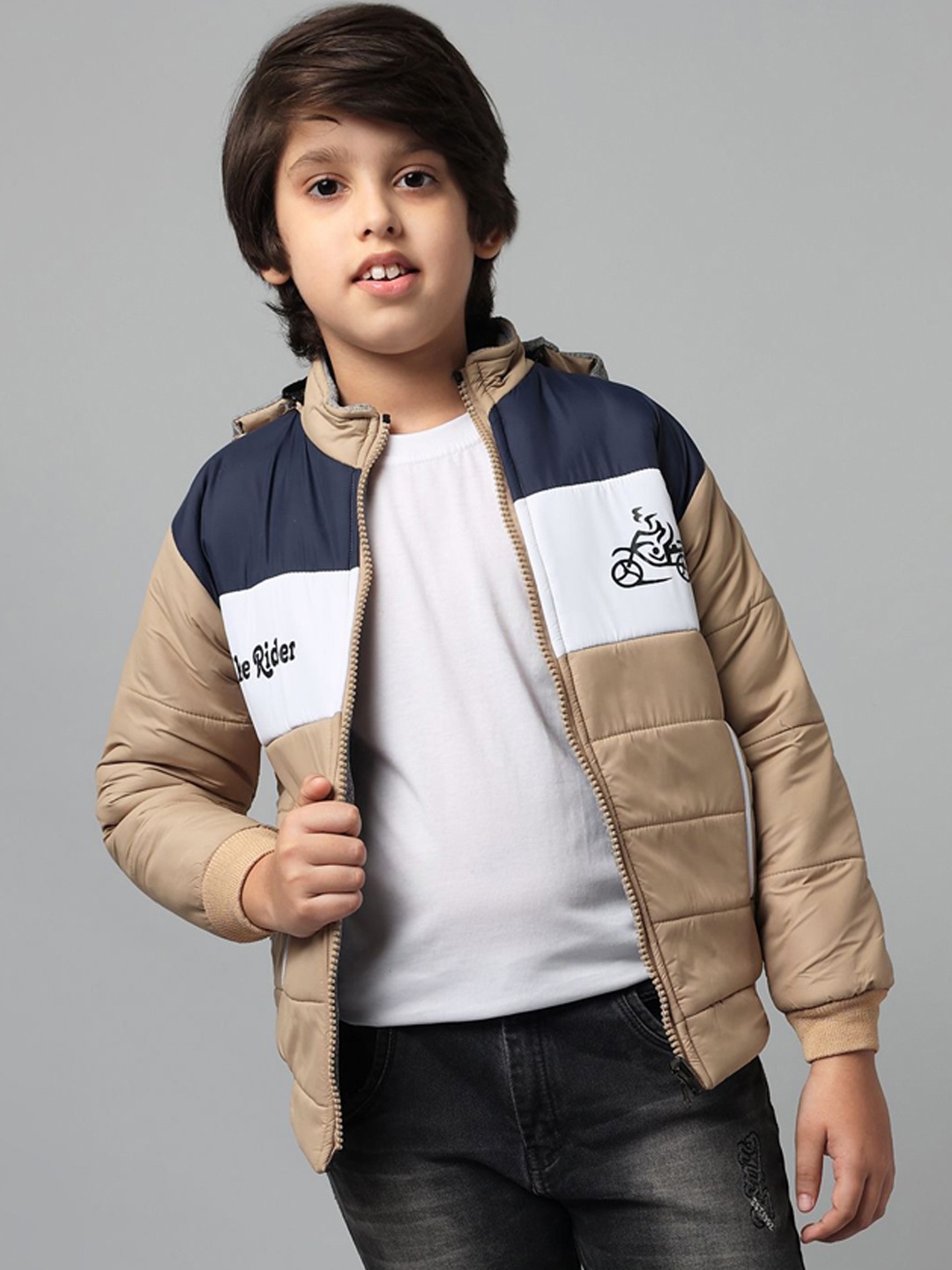 

Anixa Boys Mock Collar Colourblocked Casual Padded Jacket, Beige