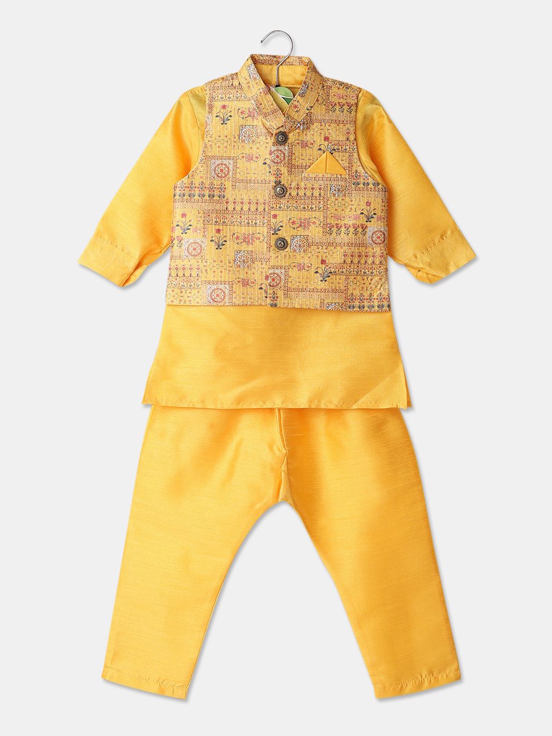 

V-Mart Boys Long Sleeves Regular Pure Cotton Straight Kurta With Pyjama With Nehru Jacket, Yellow