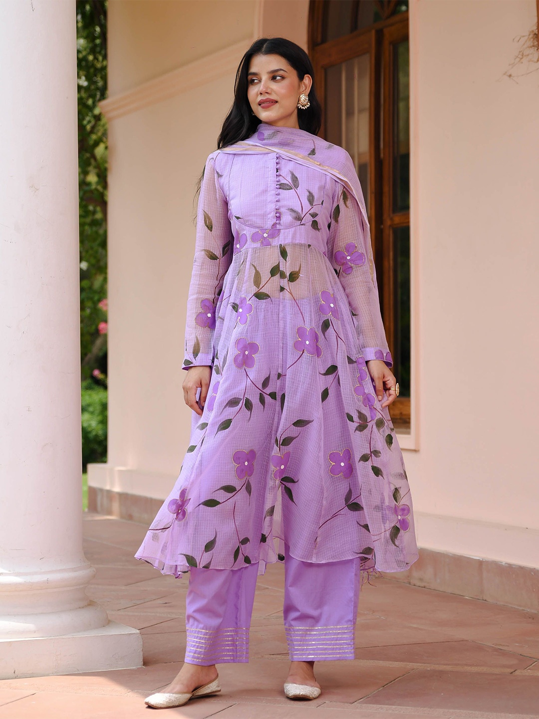 

Bunaai Floral Printed Anarkali Kurta With Trousers & Dupatta, Lavender