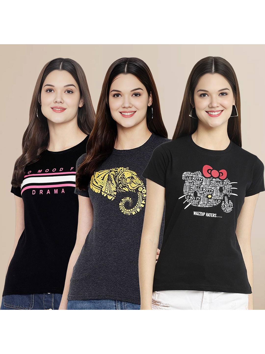 

Metronaut Women Pack Of 3 Typography Printed Round Neck Cotton T-shirts, Black