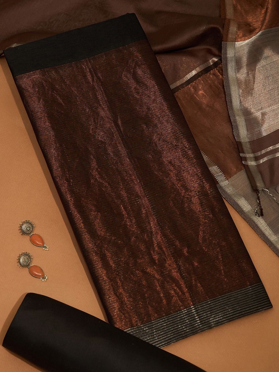 

Taneira Pure Silk Unstitched Dress Material, Brown