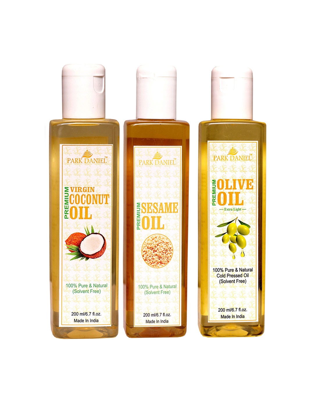 

Park Daniel Set Of 3 Virgin Coconut, Sesame With Olive Oil For Skin & Hair-100 ml Each, Transparent