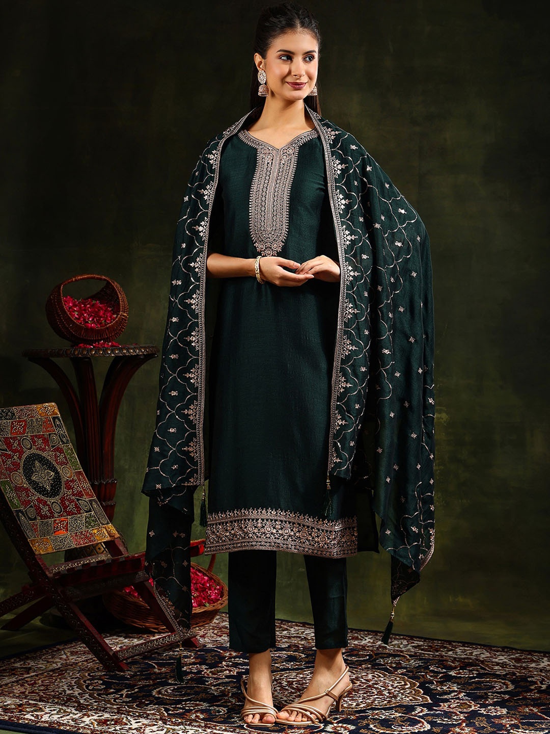 

KALINI Ethnic Motifs Zari Embroidered Straight Kurta with Trouser & Dupatta, Green