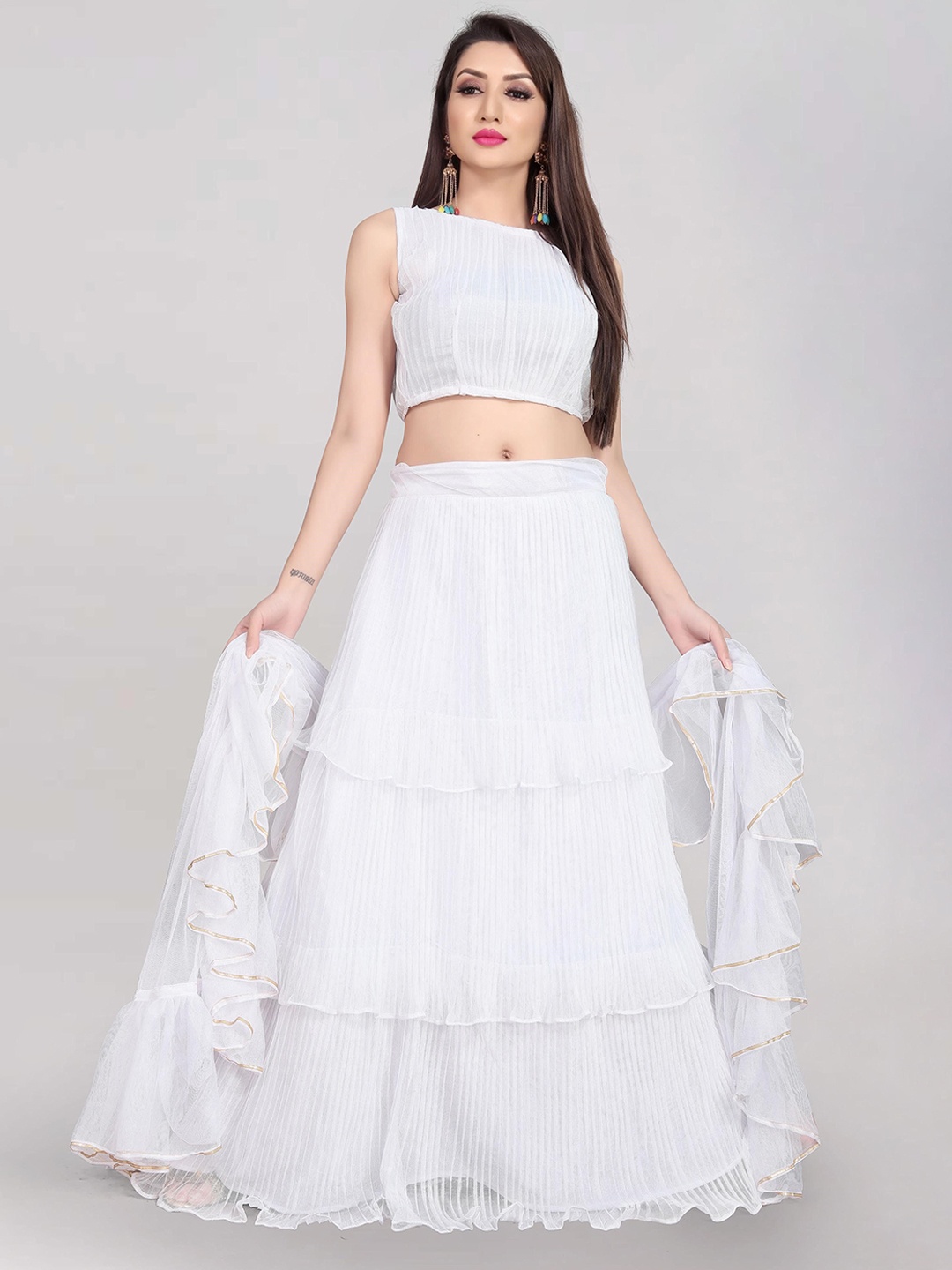 

Fabcartz Net Ruffle Semi-Stitched Lehenga & Unstitched Blouse With Dupatta, White