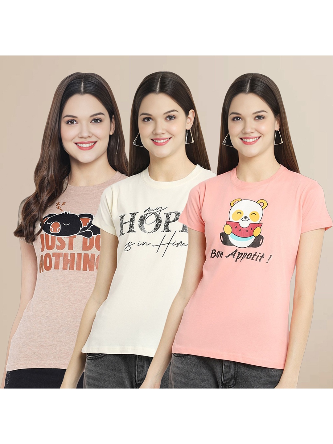 

Metronaut Women Pack Of 3 Typography Printed Round Neck Cotton T-shirts, Beige