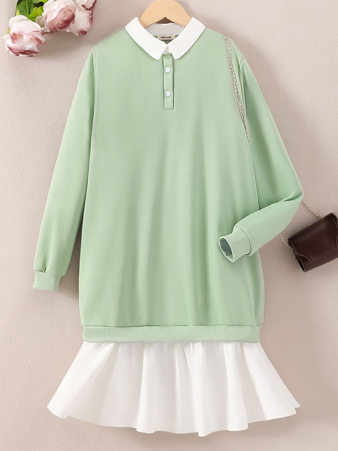 

INCLUD Girls Colourblocked Shirt Collar Full Sleeves Drop-Waist Dress, Green