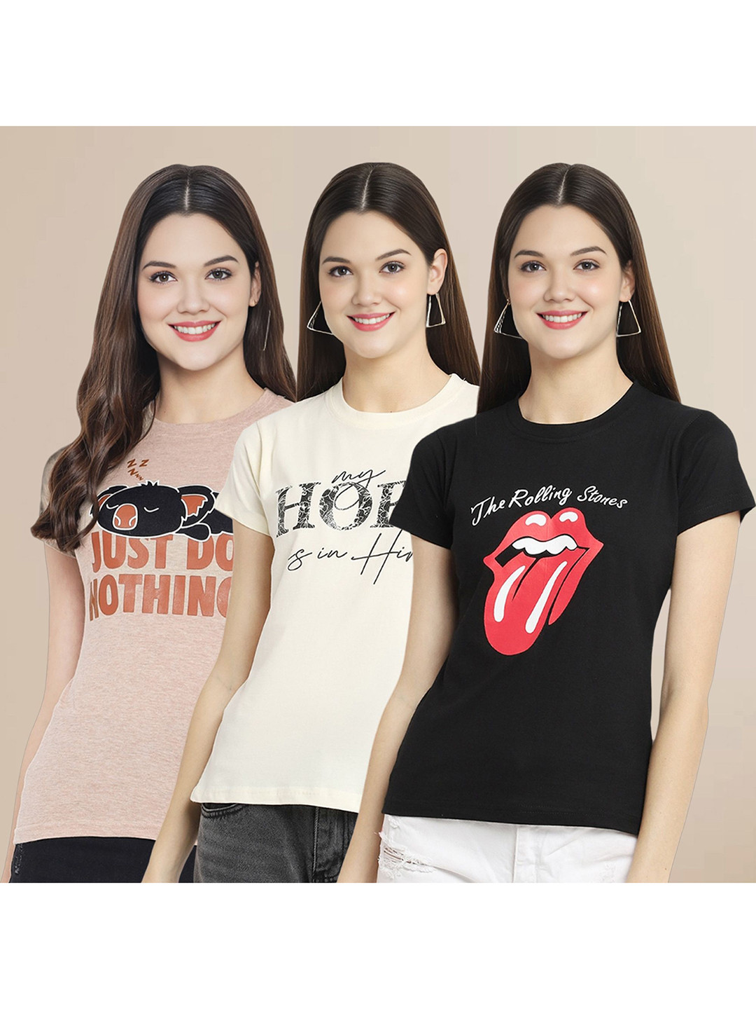 

Metronaut Women Pack Of 3 Typography Printed Round Neck Cotton T-shirts, Beige