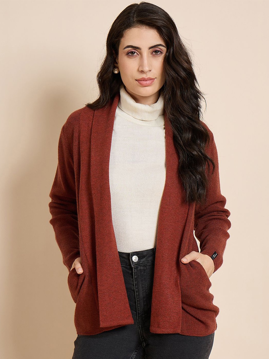 

CREATIVE LINE Self Design Woollen Open Front Shrug, Maroon