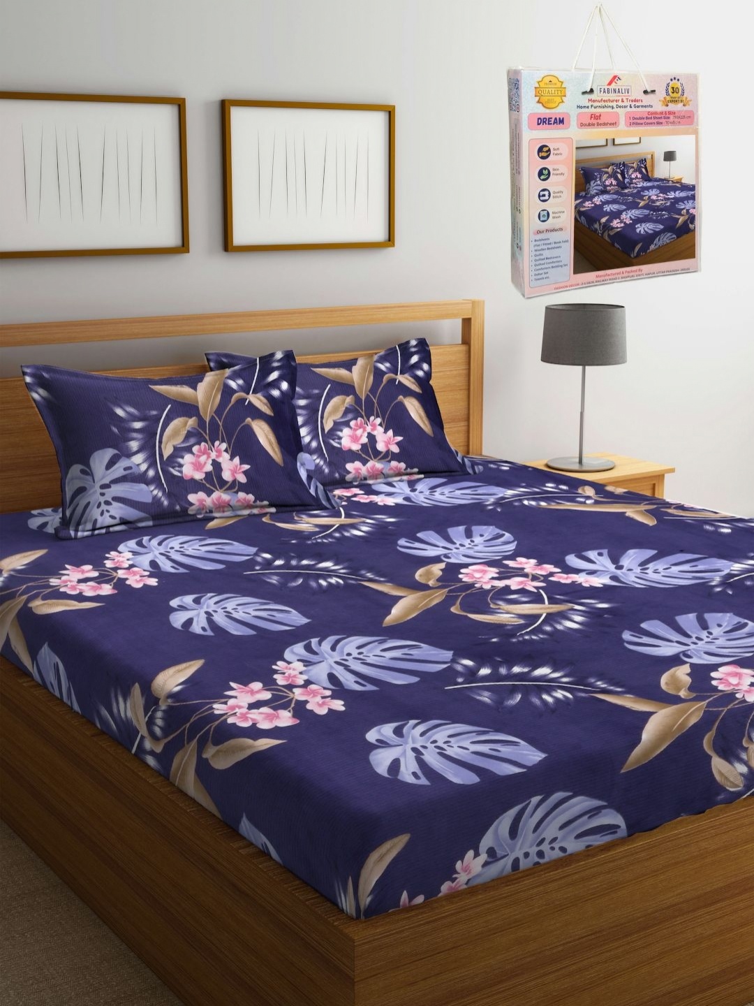 

FABINALIV Purple & Pink Floral 300 TC King Bedsheet with 2 Pillow Covers