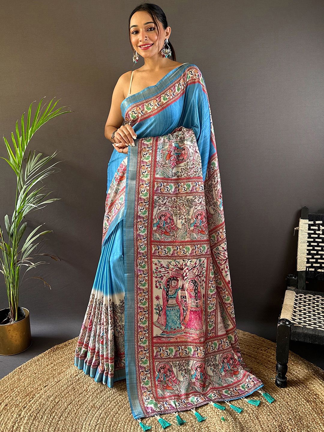

Mitera Ethnic Motifs Printed Tussar Saree, Blue