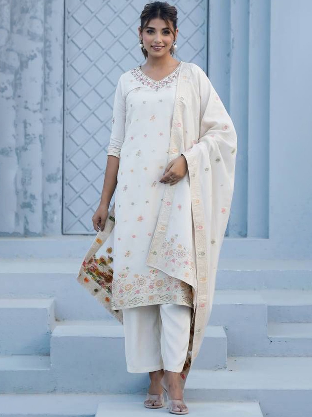 

FLAVIA CREATION V-Neck Floral Self Design Straight Kurta with Trouser & Dupatta, Cream
