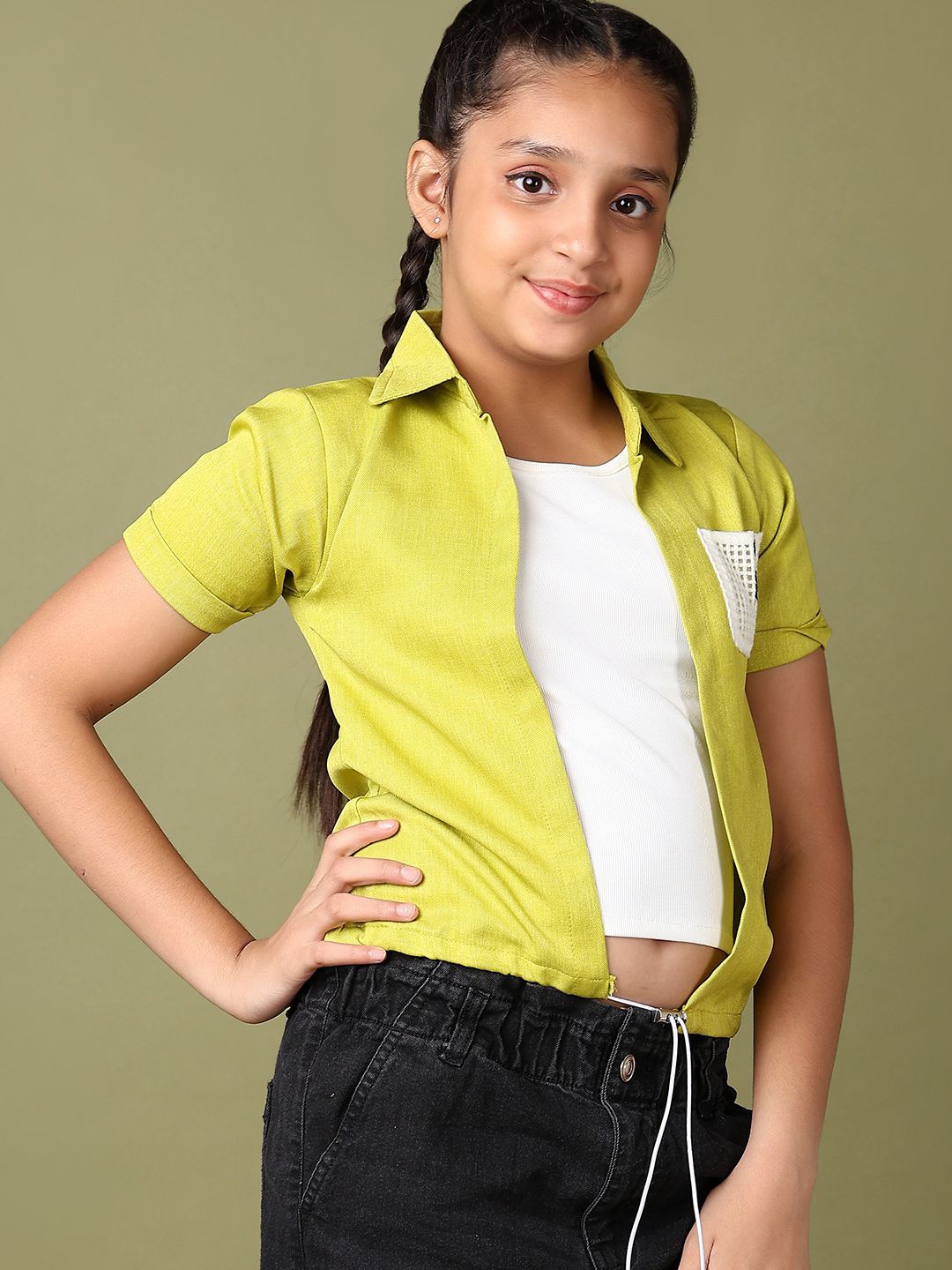 

V-Mart Girls Shirt Collar Short Sleeves Top, Green