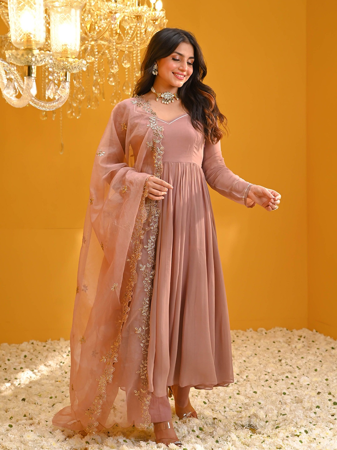 

Bunaai Sequinned Georgette Anarkali Kurta With Palazzo & Dupatta, Mauve