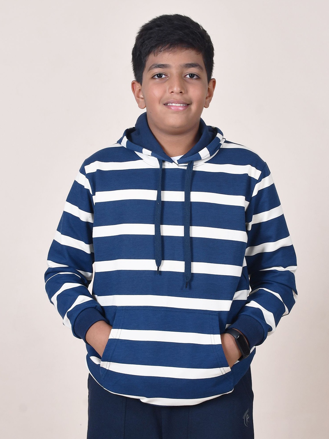 

KiddoPanti Boys Long Sleeves Striped Hooded Sweatshirt, Blue
