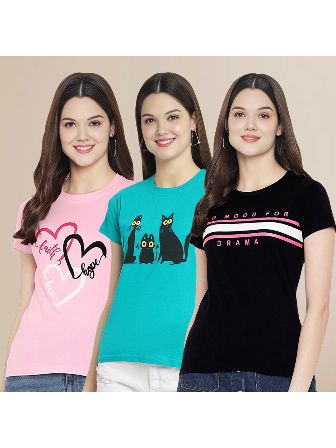 

Metronaut Women Pack Of 3 Typography Printed Round Neck Cotton T-shirts, Pink