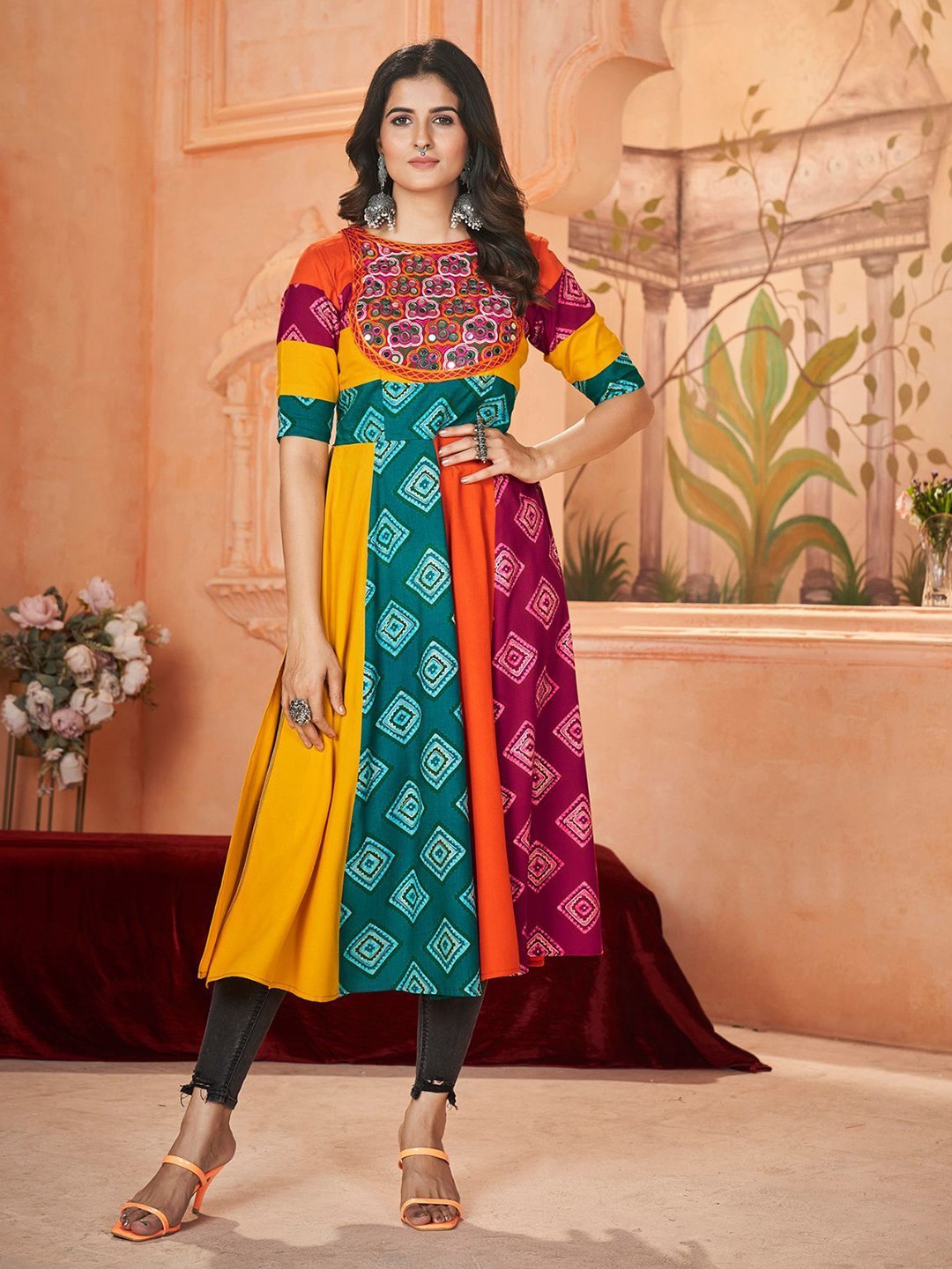 

ODETTE Women Ethnic Motifs Embroidered Thread Work Kurta, Yellow