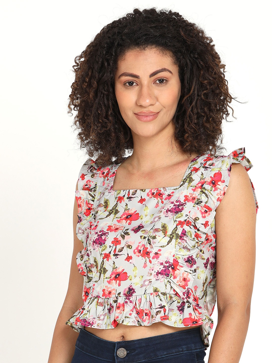 

URBAN POCHE Women Floral Printed Blouson Crop Top, White