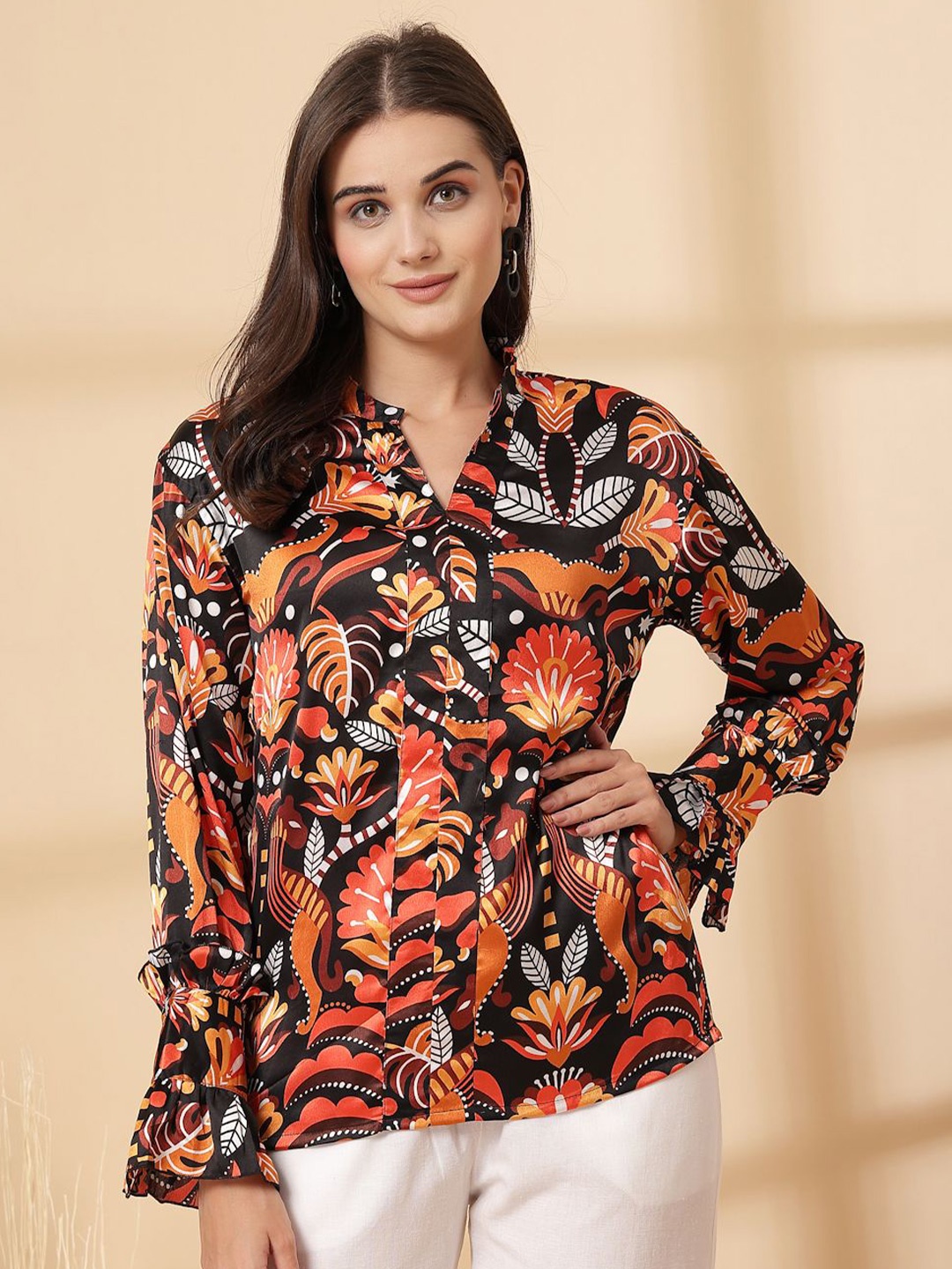 

plusS Women Floral Printed Bell Sleeve Shirt Style Regular Top, Black