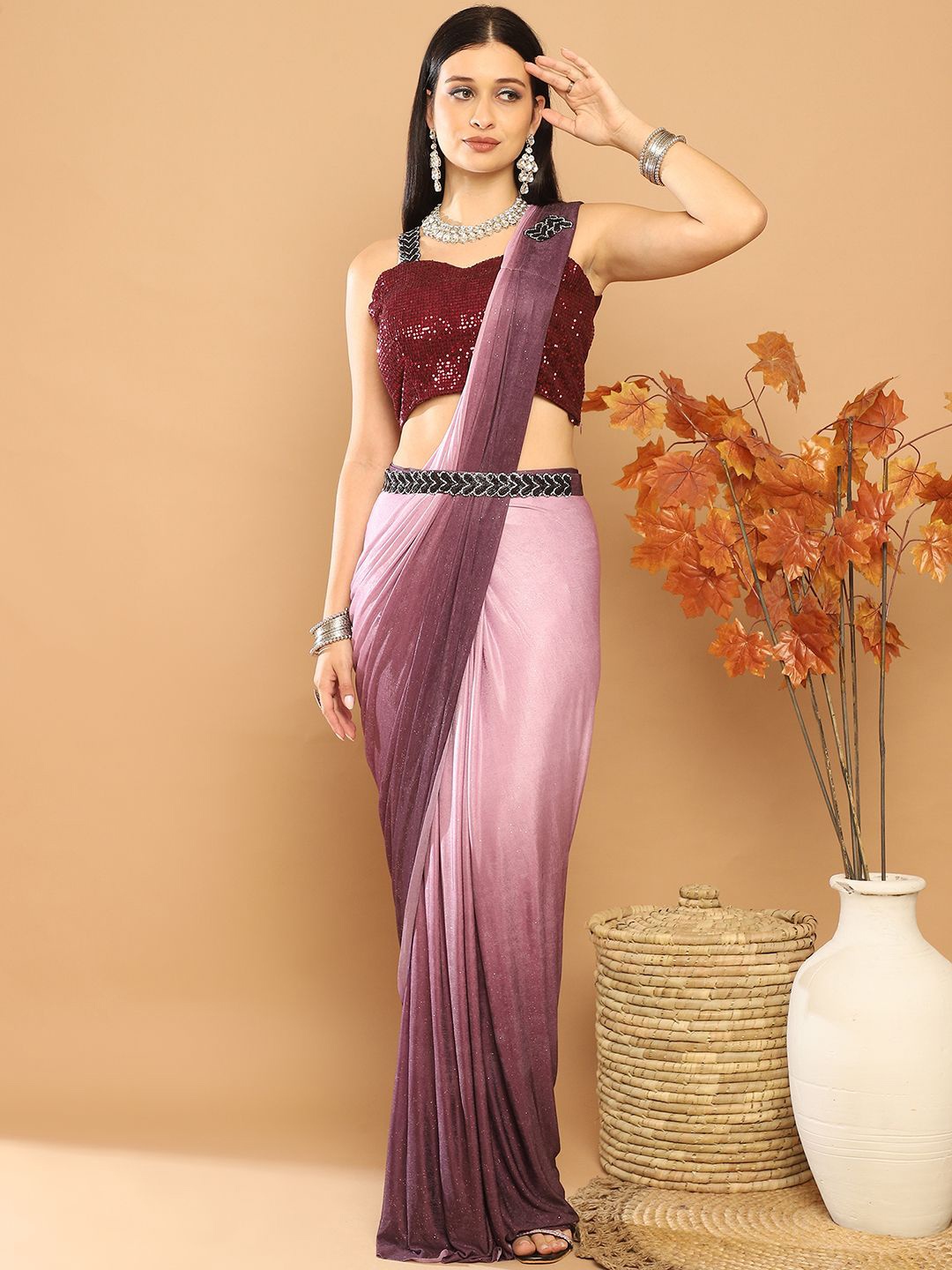 

Mitera Sequinned Ready to Wear Saree, Mauve