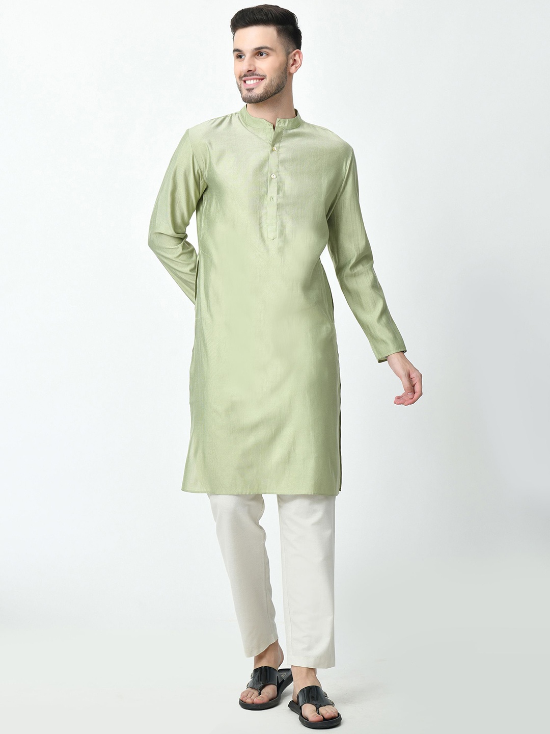

AMBI Band Collar Long Sleeves Regular Straight Kurta, Green