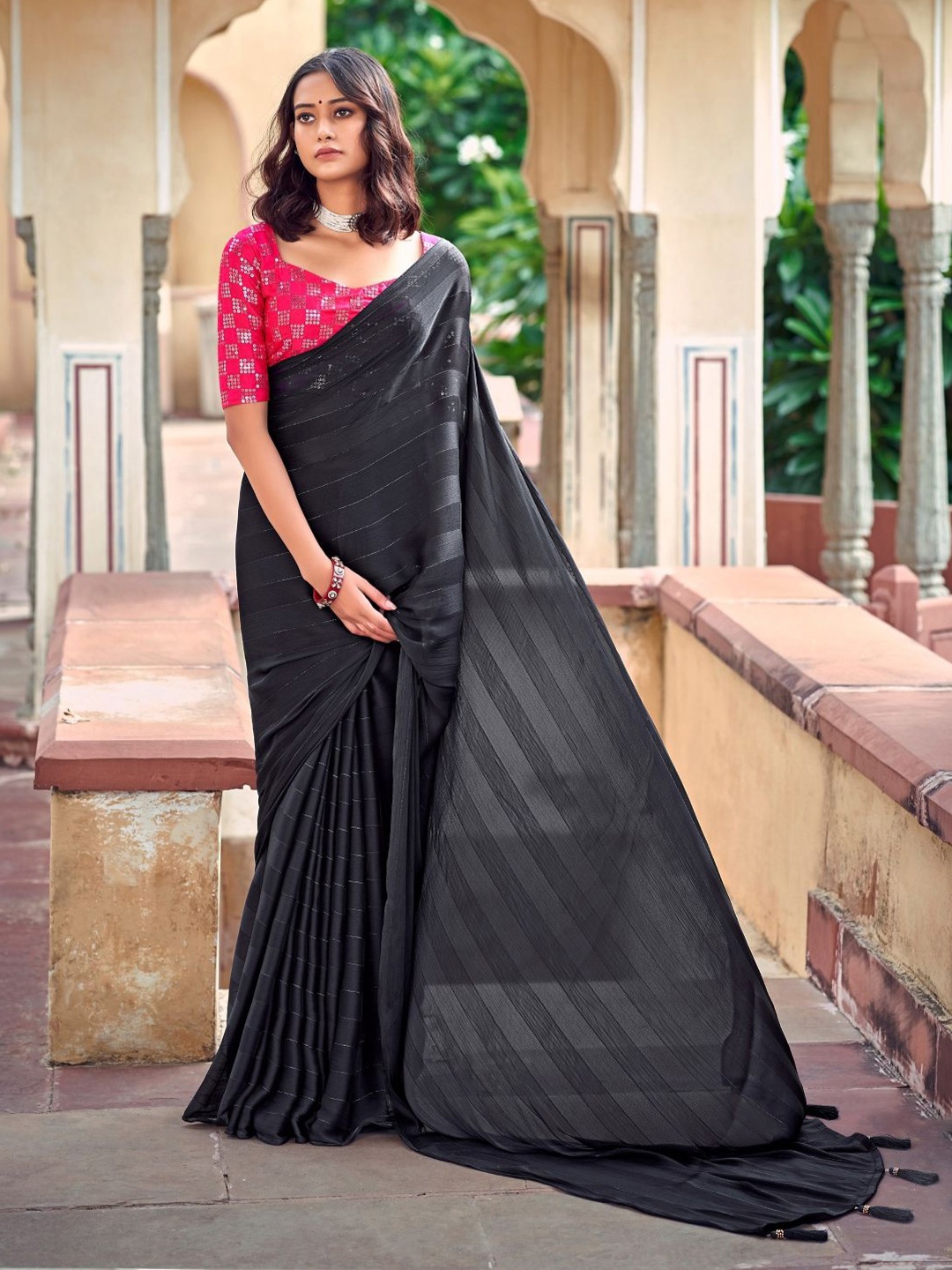 

MAHALASA Striped Saree, Black