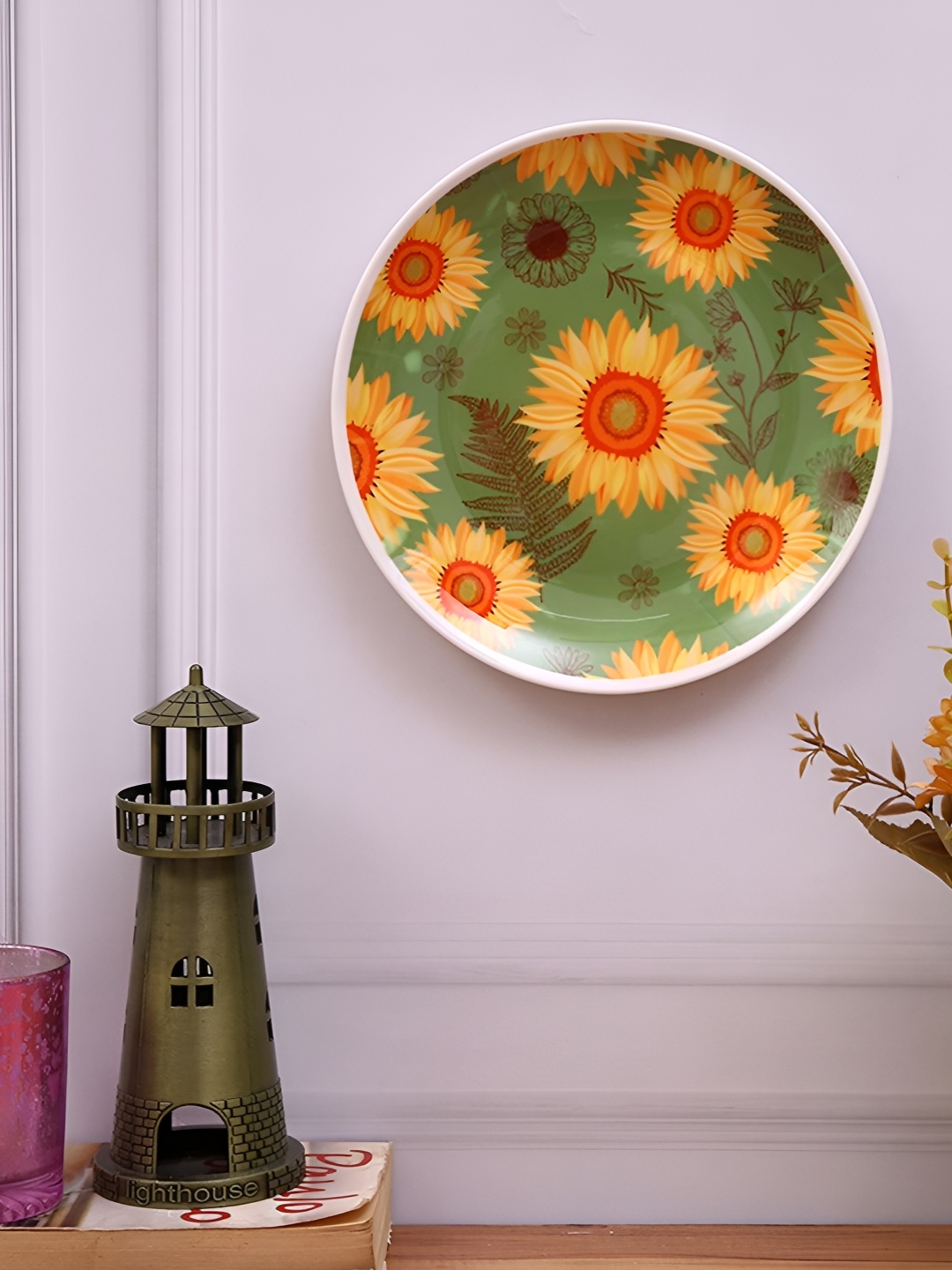 

PENTADECO Green & Yellow Floral Printed Ceramic Wall Decor