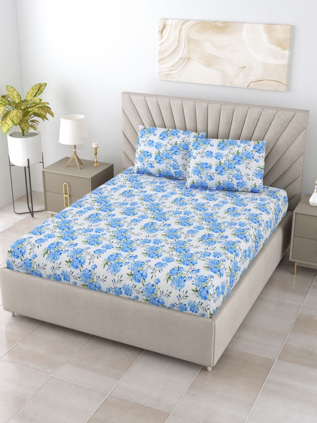 

BOMBAY DYEING Florentine Blue Printed 144 TC Cotton King Bedsheet Set 2.74 m x 2.74 m