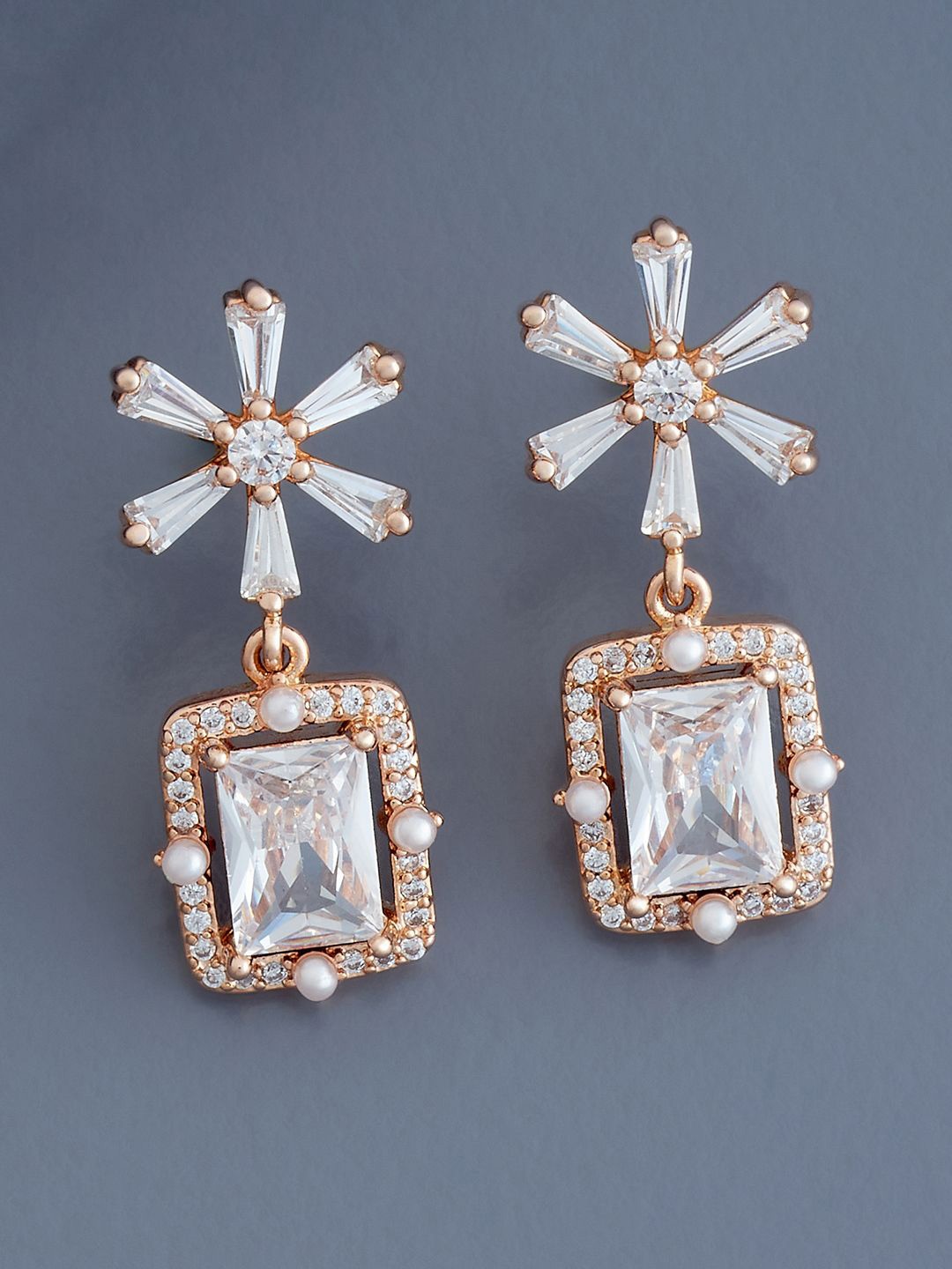 

Kushal's Fashion Jewellery Rose Gold-Plated Cubic Zirconia Stone Studded Drop Earrings
