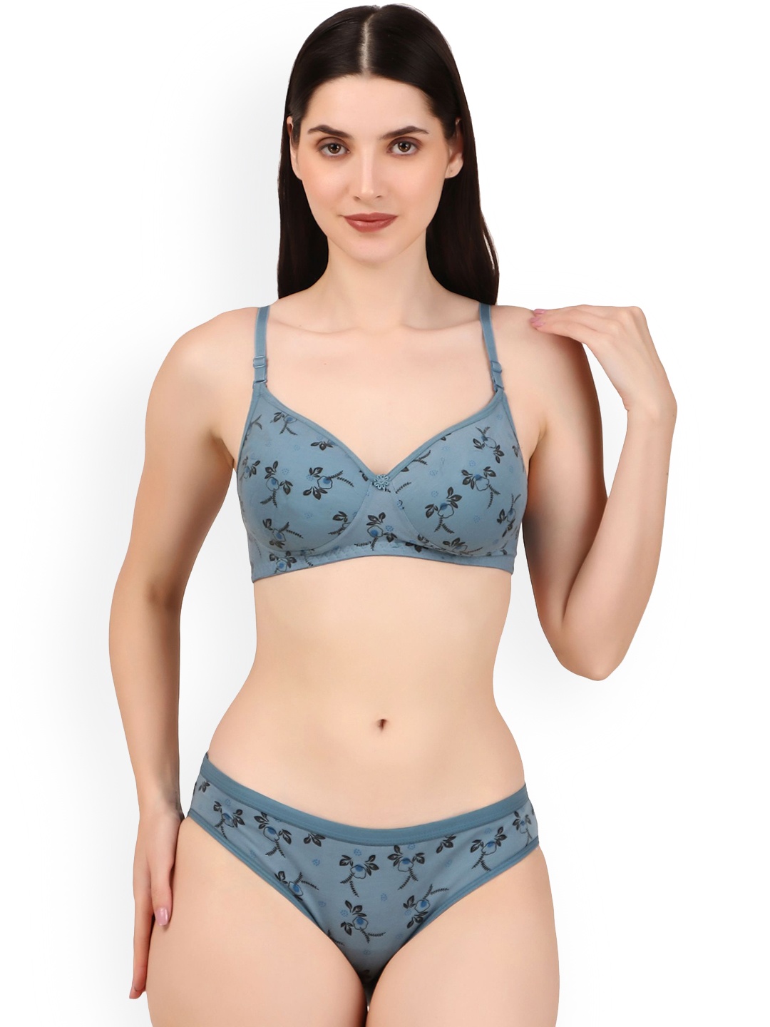 

Piylu Women Floral Printed Lightly-Padded Lingerie Set, Grey