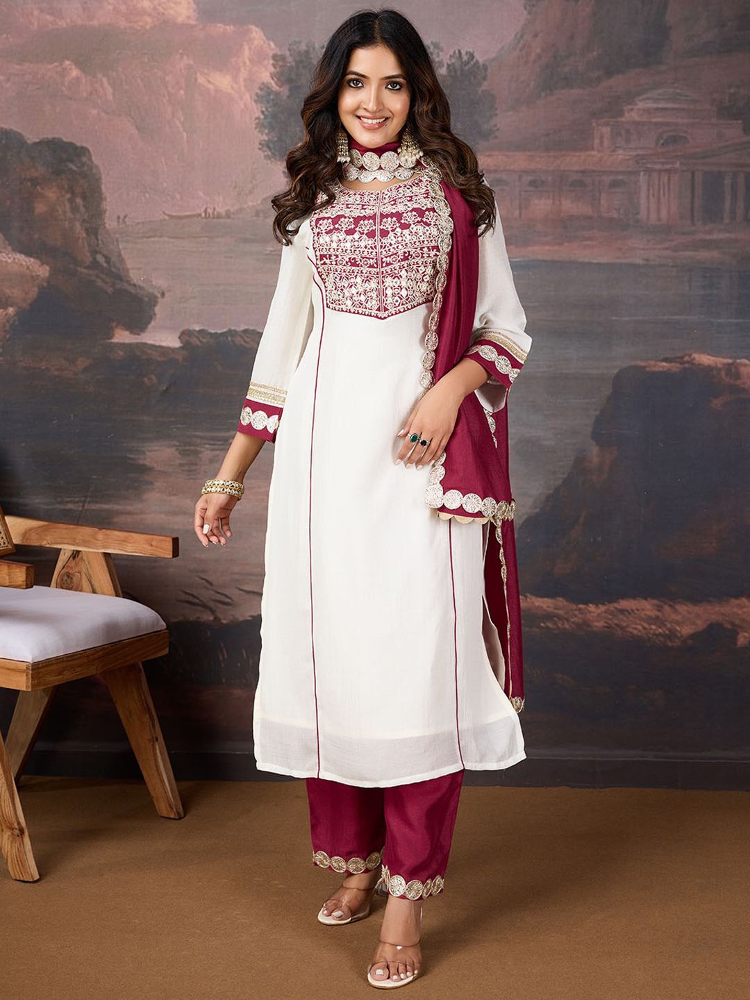 

House of Pataudi Ethnic Motifs Embroidered Straight Kurta with Trouser & Dupatta, Off white