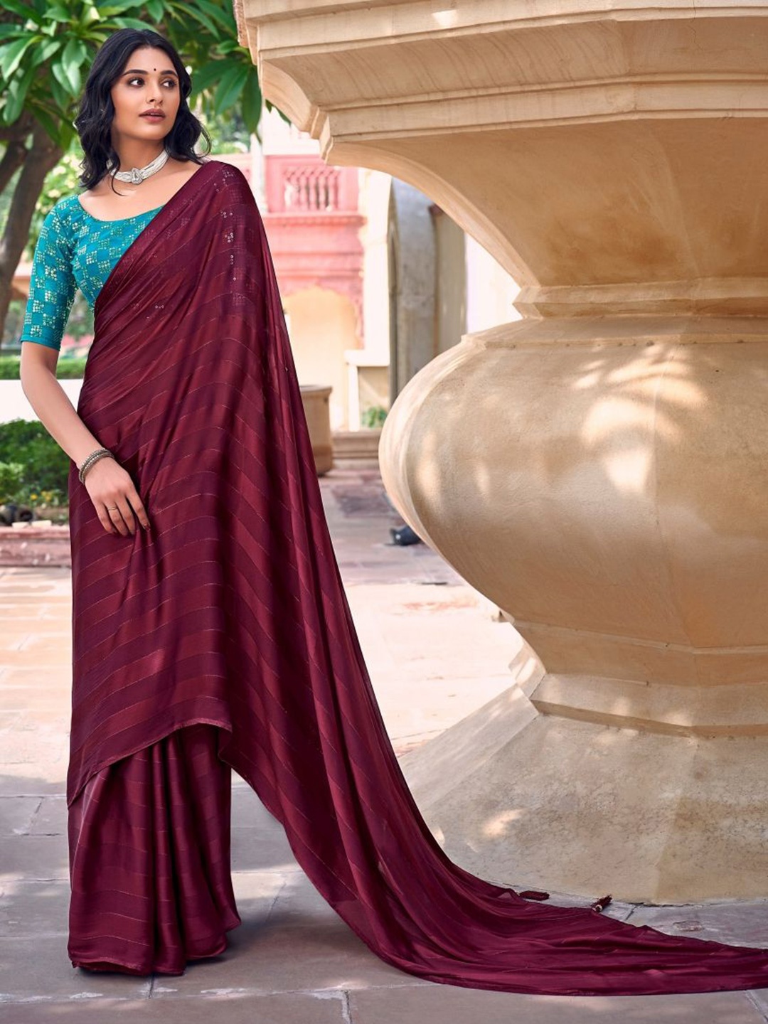 

MAHALASA Striped Saree, Maroon