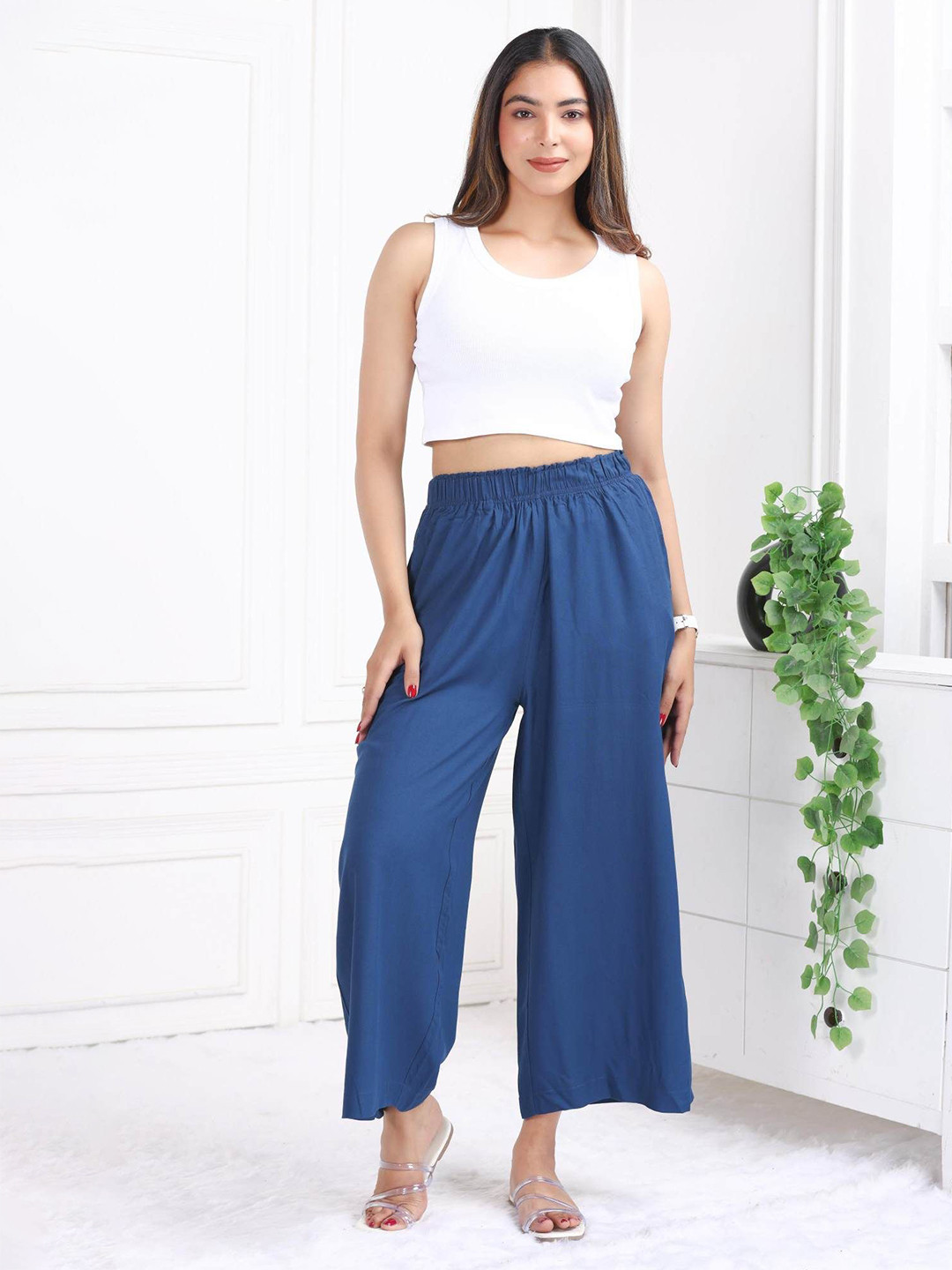 

Mlada Women Mid Rise Regular Fit Rayon Casual Palazzo, Blue