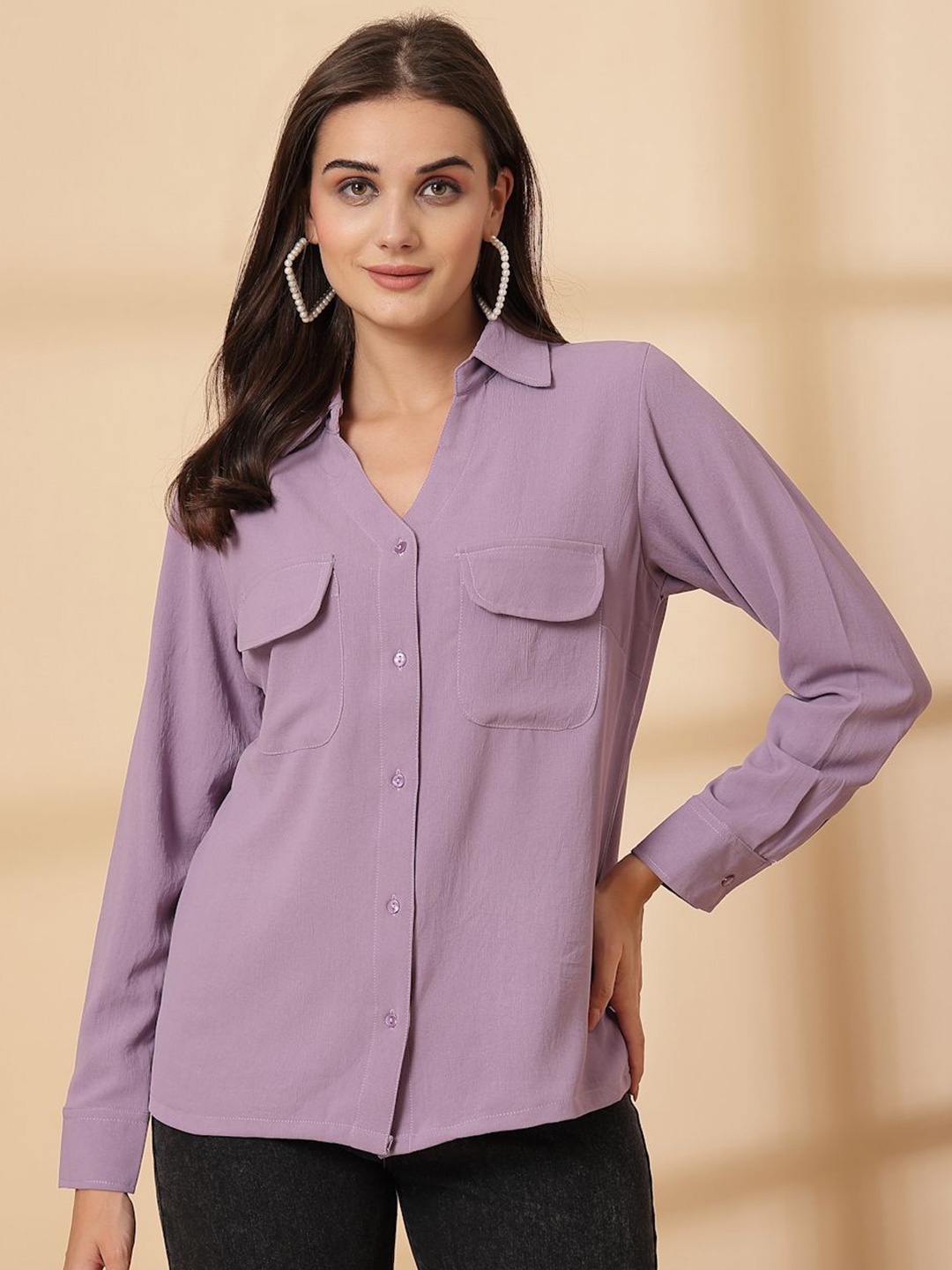 

plusS Women Spread Collar Solid Casual Shirt, Mauve