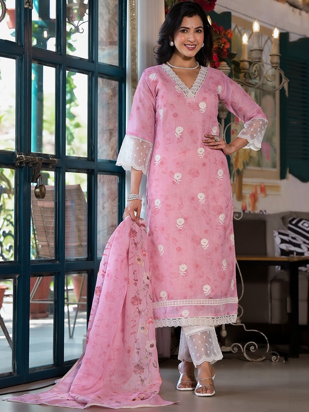 

all about you V-Neck Floral Self Design Thread Work Linen Kurta with Trouser & Dupatta, Pink