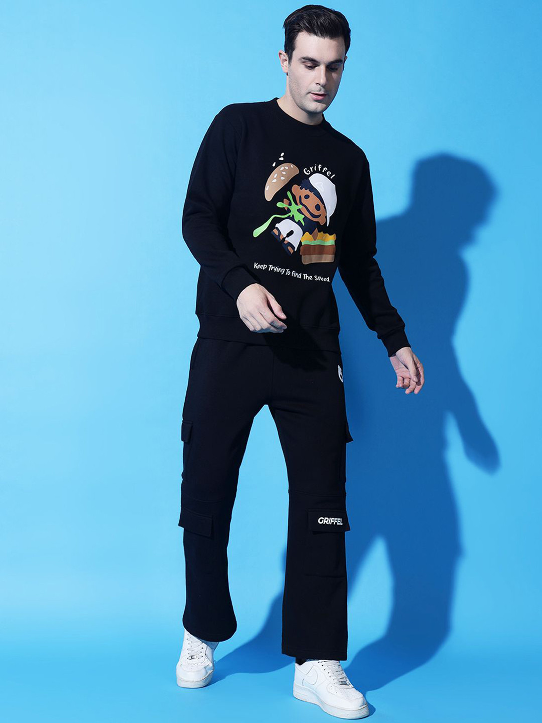 

GRIFFEL Men Printed Round Neck Tracksuits, Black