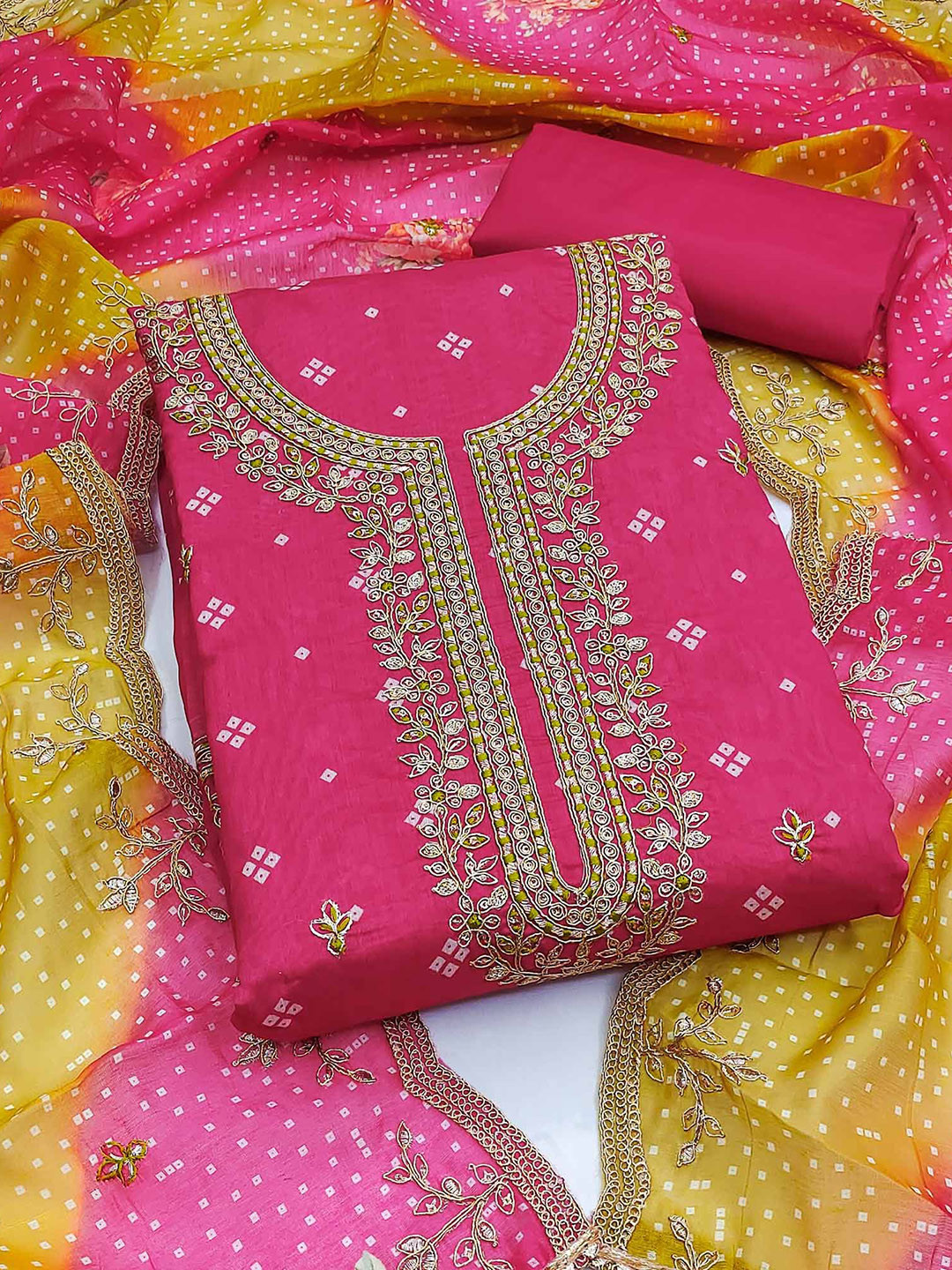 

Peachmode Embroidered Organza Unstitched Dress Material, Pink