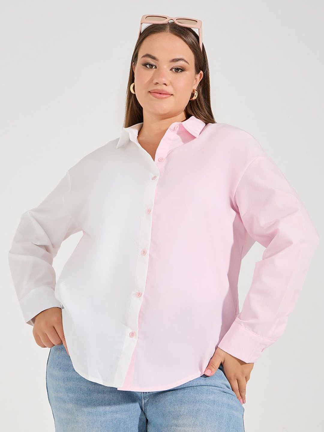 

Styli Women Spread Collar Solid Oversized Casual Shirt, Pink