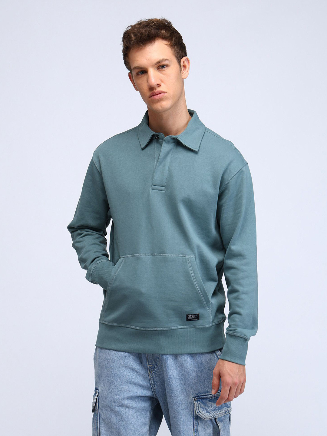

Flying Machine Men Printed Shirt Collar Cotton Sweatshirt, Blue