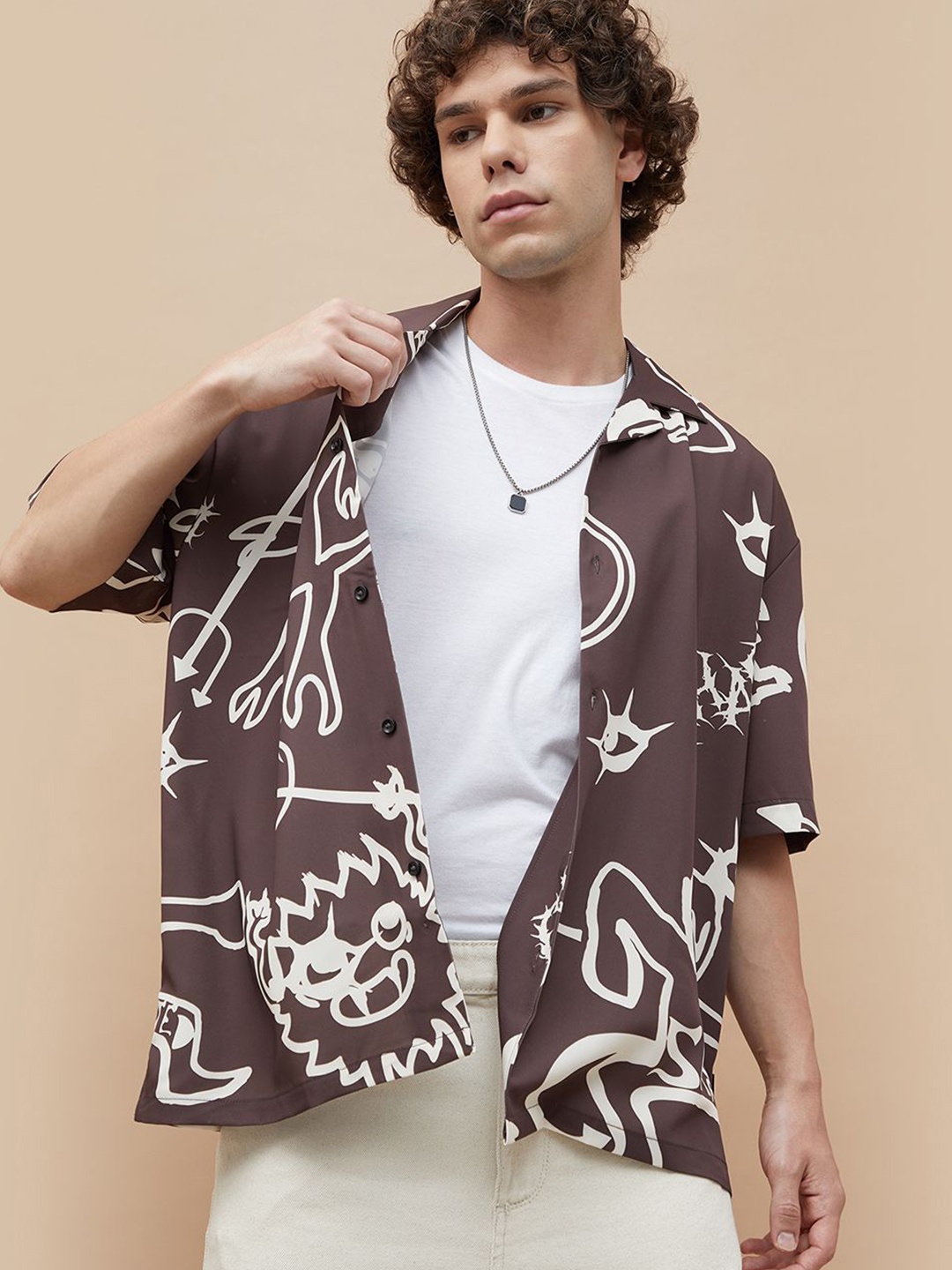

Forca Men Cuban Collar Abstract Printed Casual Shirt, Brown