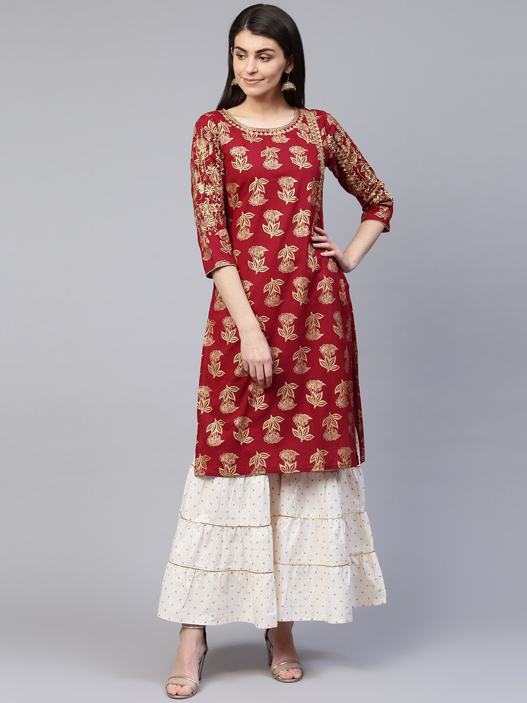 

Anouk Red and Gold Round Neck Floral Printed Liva Straight Kurta with Sharara