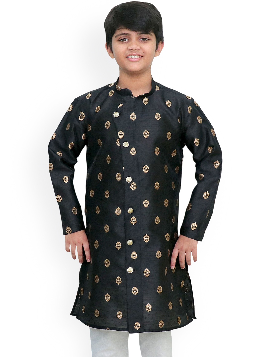 

BAESD Boys Quirky Embroidered Flared Sleeves Thread Work Jacquard Kurta, Black