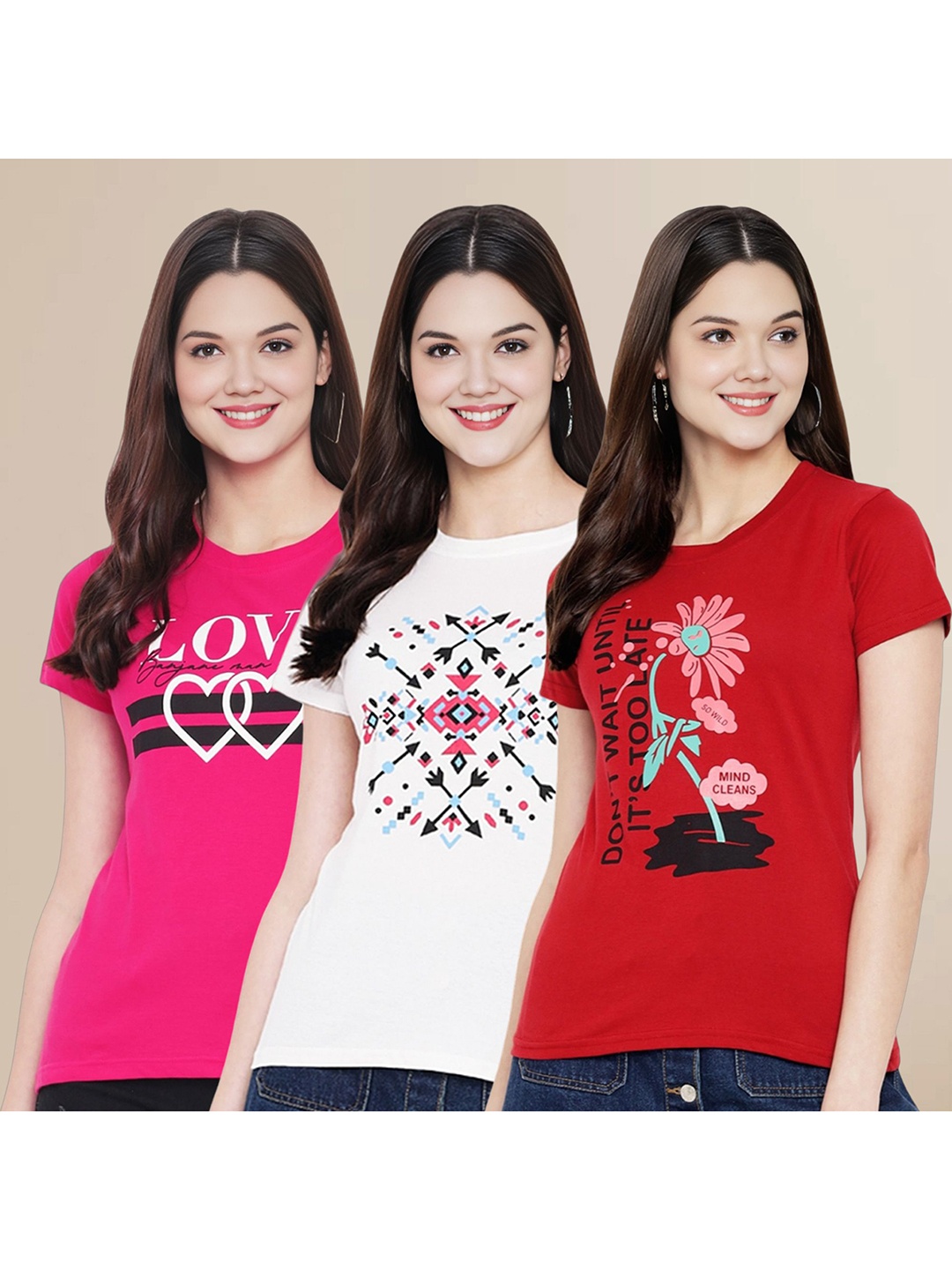 

Metronaut Women Pack Of 3 Typography Printed Round Neck Cotton T-shirts, Pink