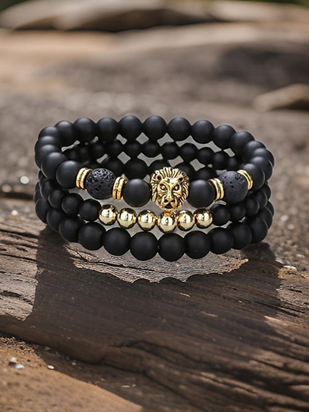 

Jewels Galaxy Men Set Of 3 Silver-Plated Beaded Elasticated Bracelets, Gold