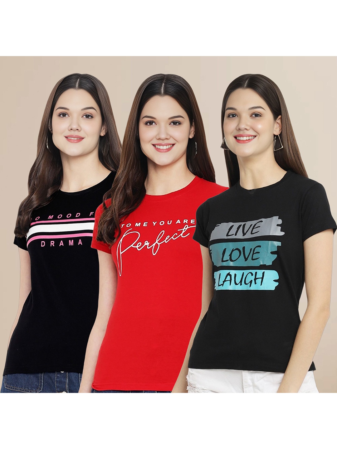 

Metronaut Women Pack Of 3 Typography Printed Round Neck Cotton T-shirts, Red