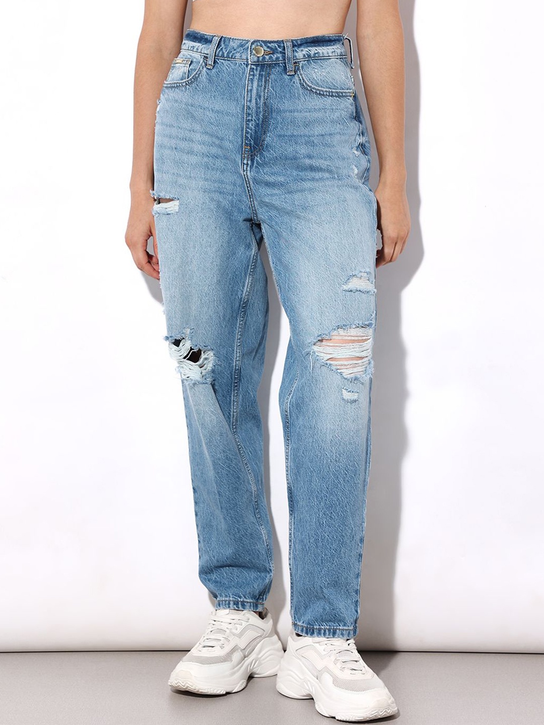 

ONLY Women Cotton Straight Fit High-Rise Mildly Distressed Heavy Fade Jeans, Blue