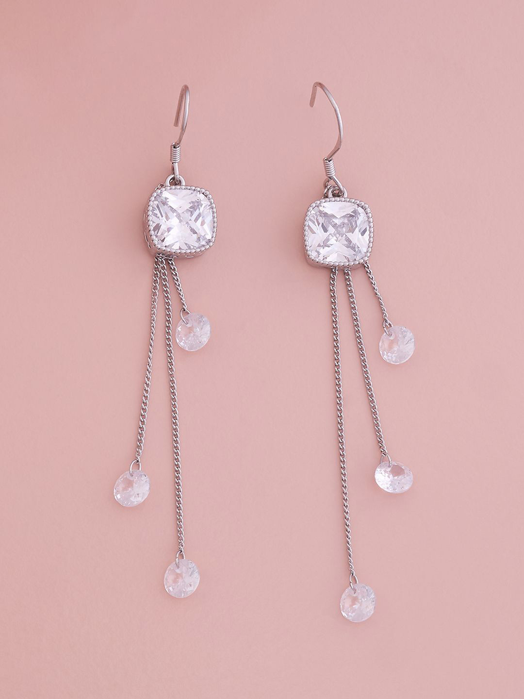 

Kushal's Fashion Jewellery Rhodium-Plated Cubic Zirconia Geometric Drop Earrings, Silver