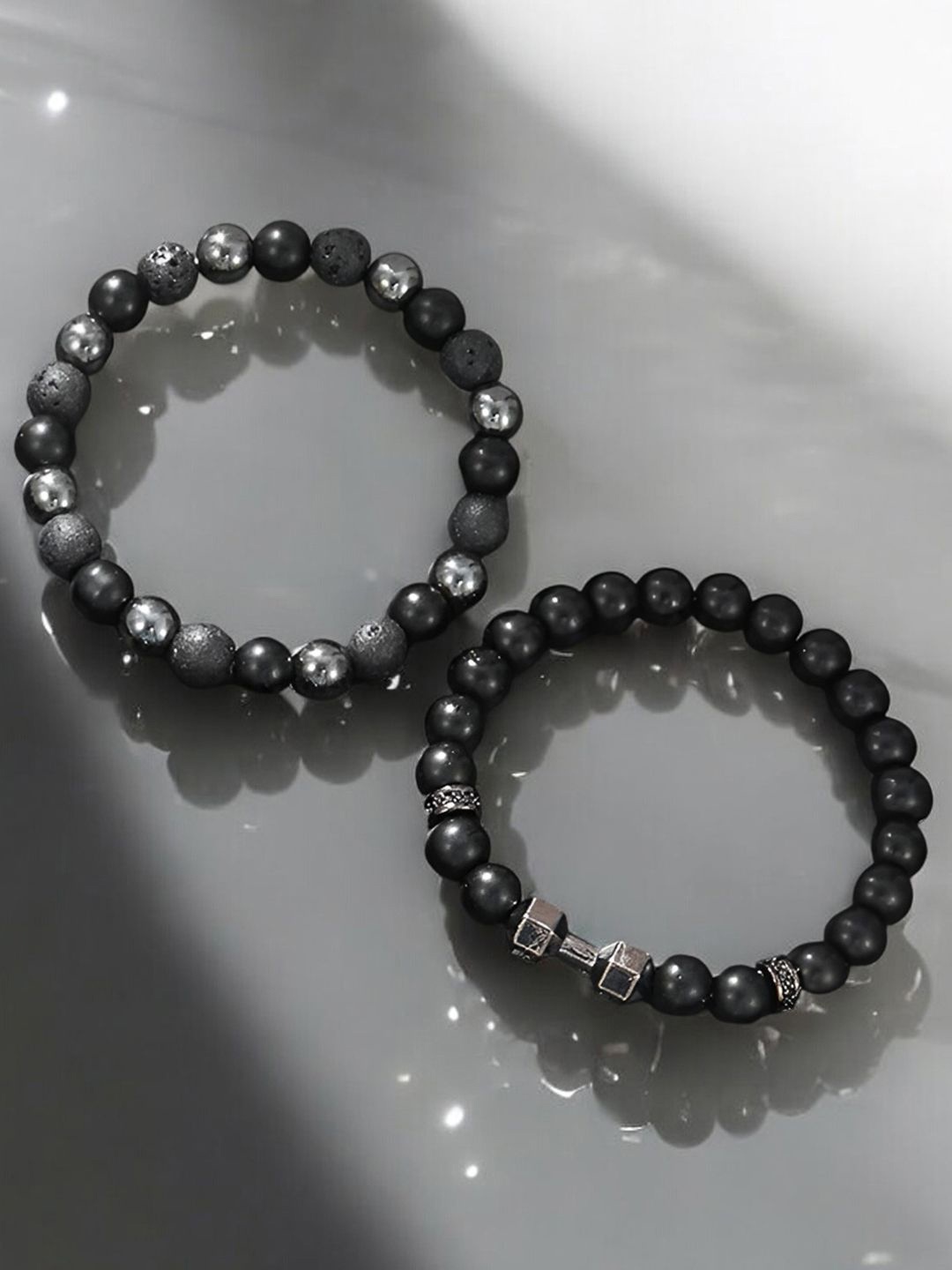 

Jewels Galaxy Men Set Of 2 Silver-Plated Beaded Elasticated Bracelets, Black