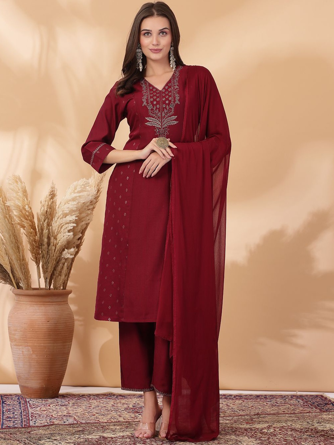 

Nayam By Lakshita Floral Embroidered Kurta With Palazzos & Dupatta, Maroon