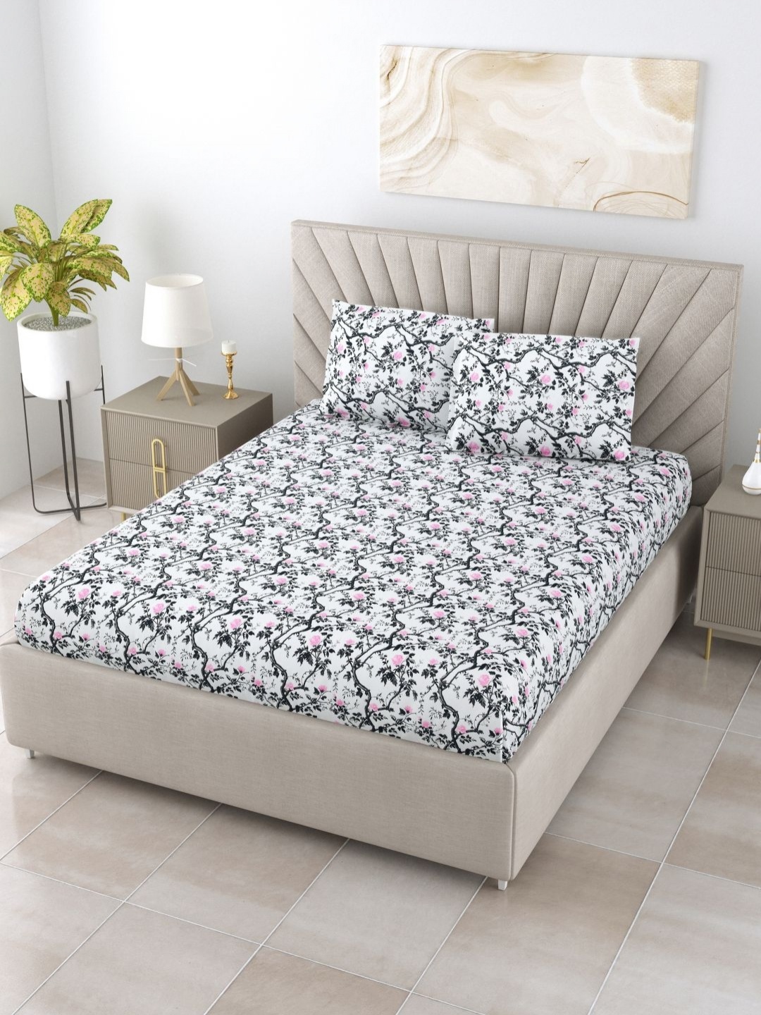 

BOMBAY DYEING Florentine Grey Floral Cotton 144 TC King Bedsheet Set 2.74 m x 2.74 m