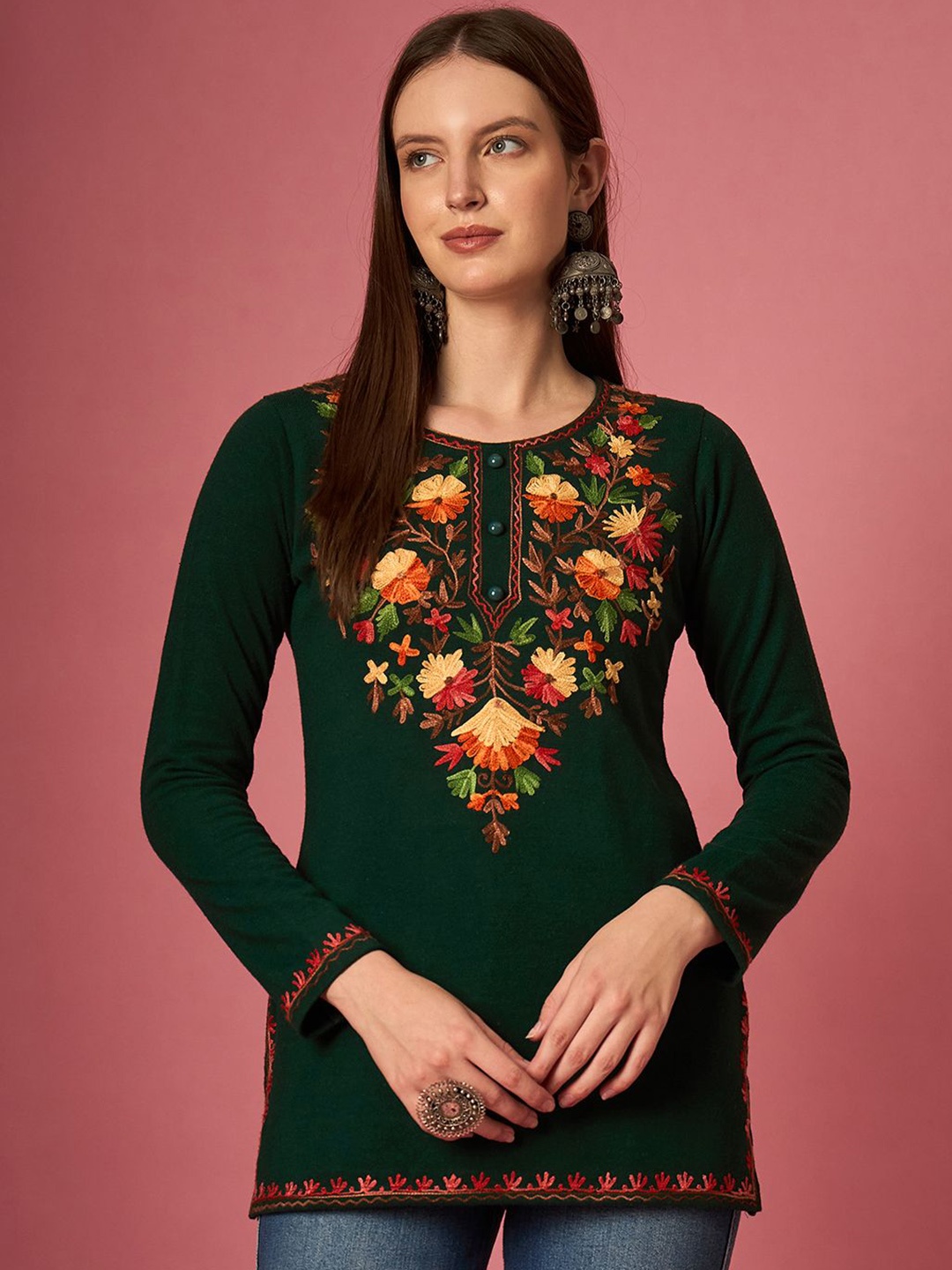 

CLAPTON Women Ethnic Motifs Embroidered Thread Work Woollen Kurta, Green